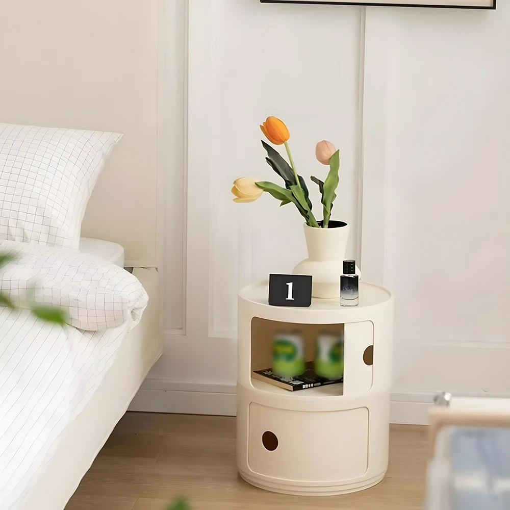 2 Layer Nordic Round Bedside Cabinet Storage Locker Unit Drawer-Type Organizer For Living Room Bedroom Kitchen Modern