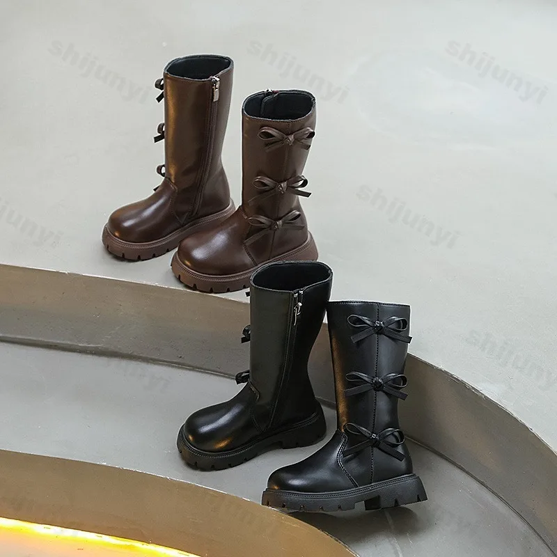 Children Knee Length Boots New 2025 Autumn British Girls Princess Boots Kids Zipper Comfortable Non Slip Bowknot Long Boots