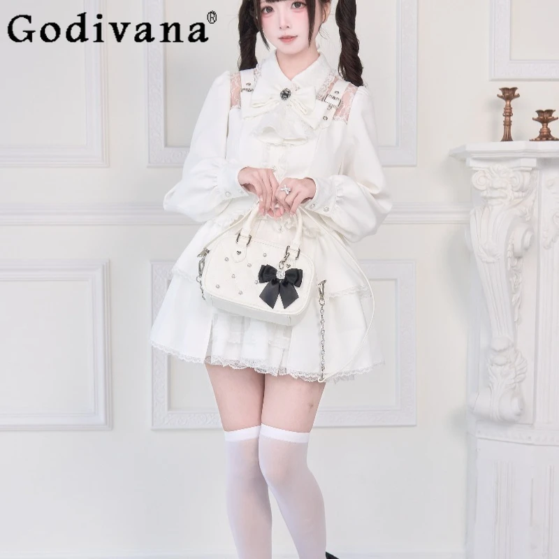 Japanese Subculture Original Gothic Dress Women's Lace Black White Red Purple Shirt Dress Female Mass Produced Sweet Dress