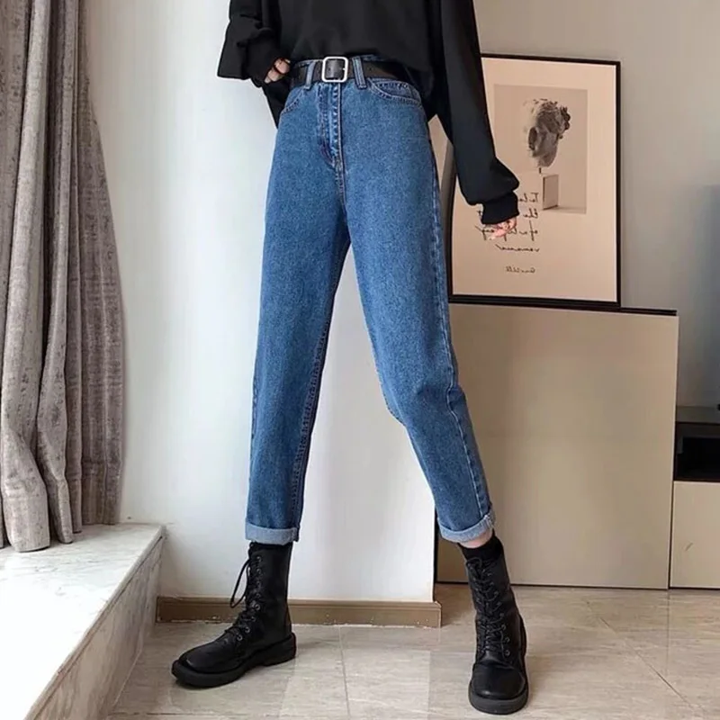 

Retro Navy Blue High Waist Jeans Spring and Autumn Women's Basic Loose Soft Wear-Resistant Drape Pencil Straight-Leg Jeans