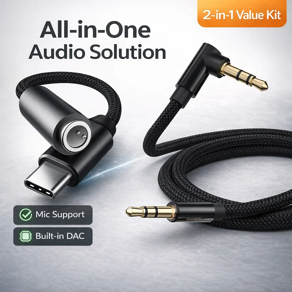 USB C to 3.5mm Audio Adapter with Mic + 3.5mm AUX Cable Kit DAC Headphone Jack for Car iPhone 16 Pro Samsung USB C Audio