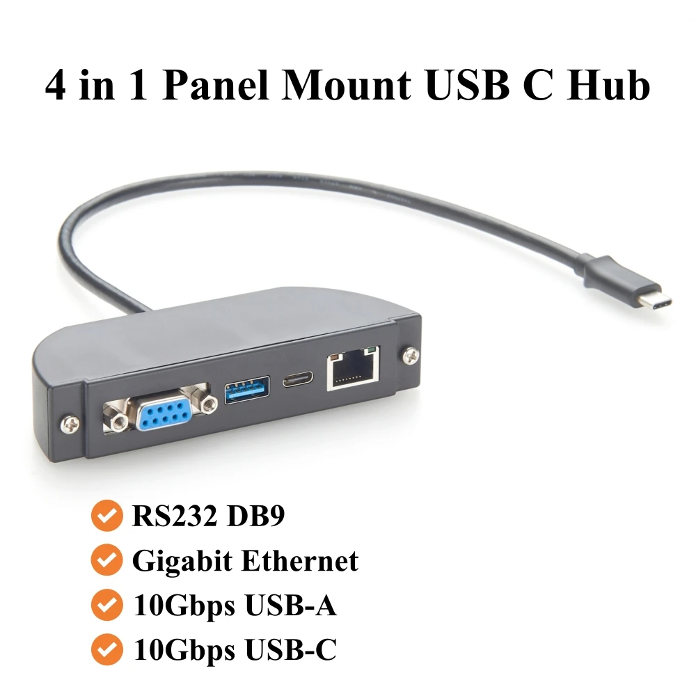 USB C Hub, 4-in-1 Screw Panel Mount Multiport Adapter, RS232 DB9, Gigabit Ethernet, 10Gbps USB-A & USB-C Data Ports, for Windows