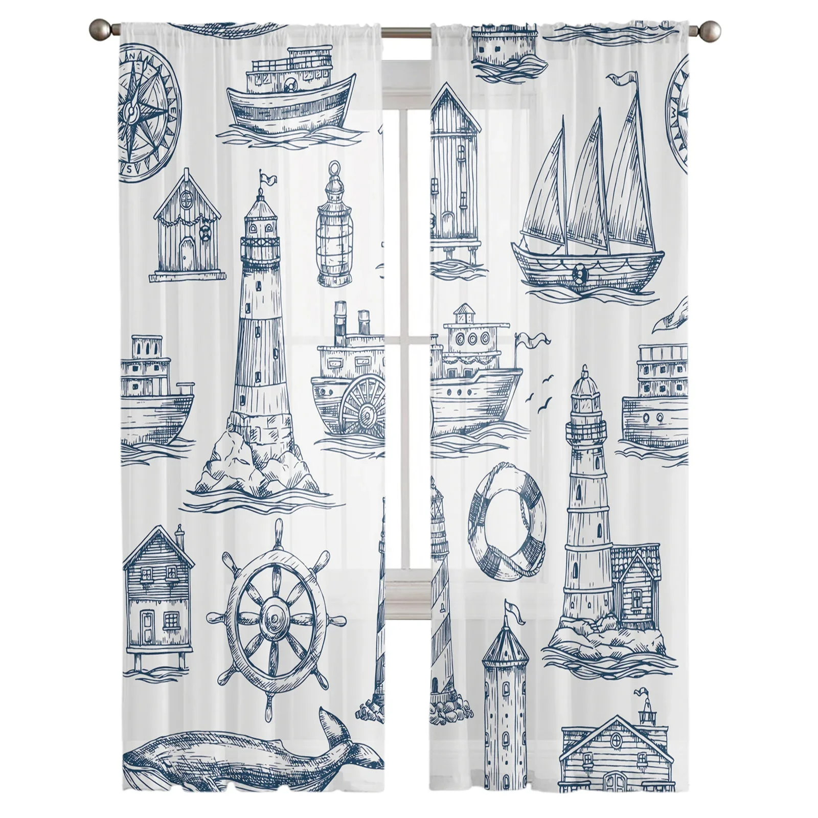 Blue Illustrative Lighthouse Boat House Sheer Curtain Living Room Drapes Home Bedroom Voile Curtain Printed Tulle Window Curtain