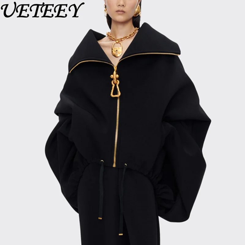 

2025 Autumn New Solid Loose Spliced Zipper Fashion Jackets Women Lapel Long Sleeve Patchwork Lace Up Casual Coat Female New