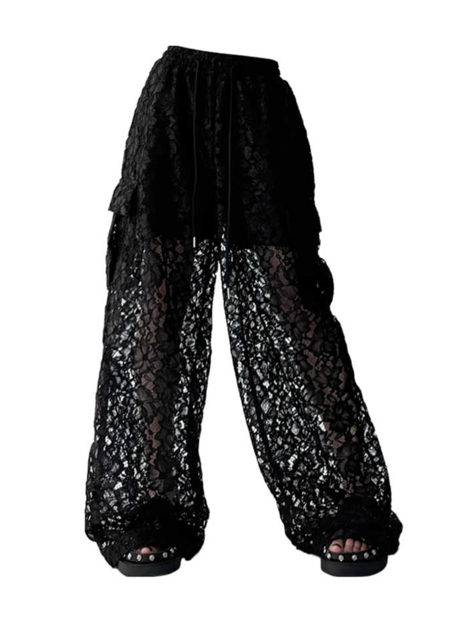 Women's Black Gothic Y2k Lace Patchwork Pants Harajuku 2000s Baggy Hollow Out Long Pants Vintage Oversize Trousers Emo Clothes