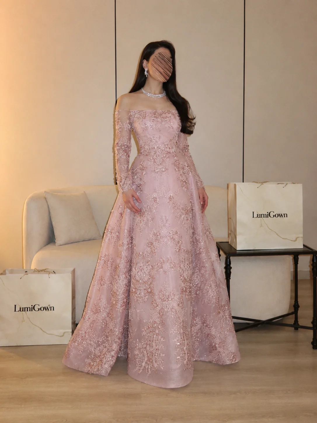 LumiGown 2026 Dusty Pink Off Shoulder Evening Gown Long Sleeve Beaded Lace A‑Line Formal Party Dress Custom Made Luxury PromGown