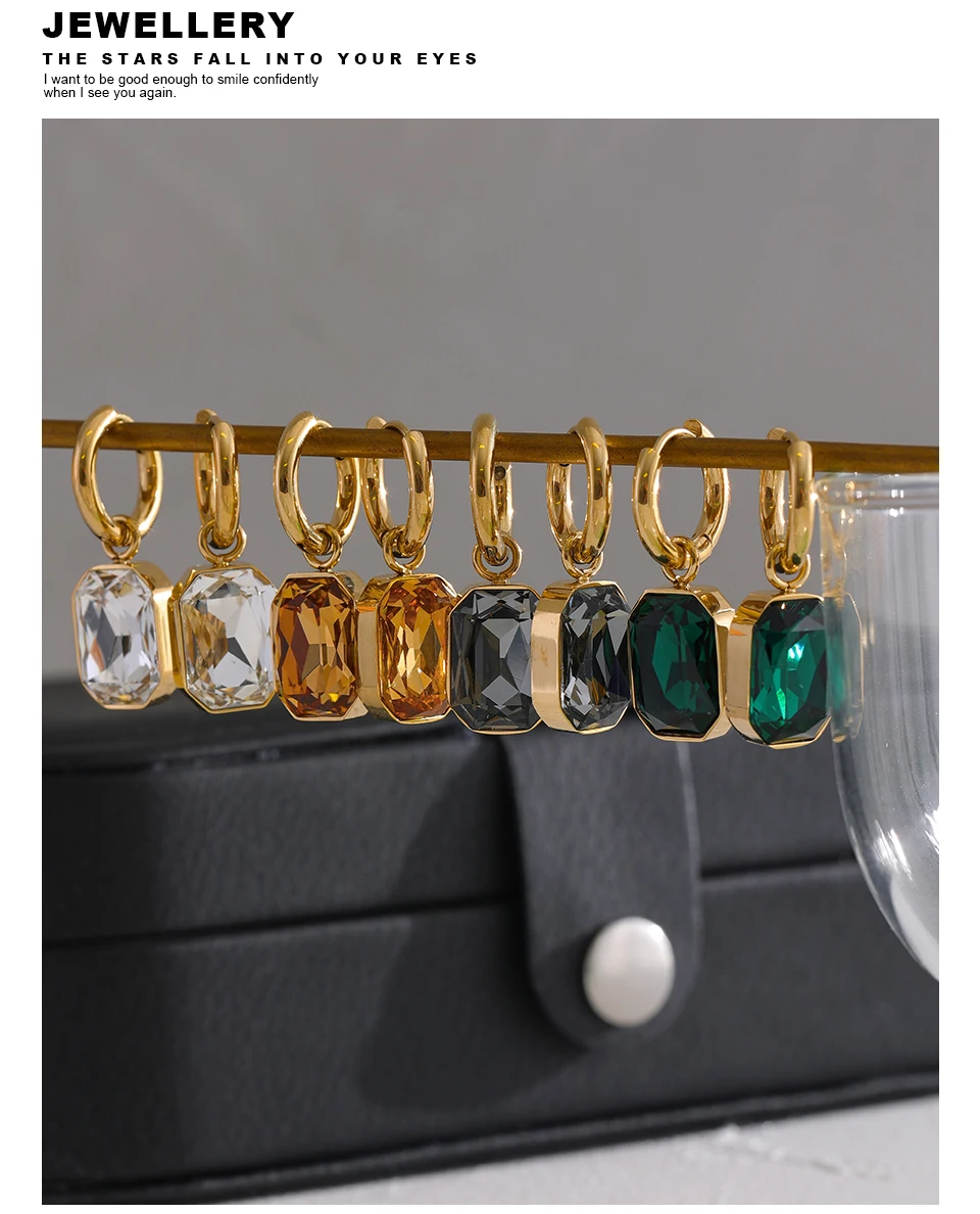 Yhpup Edelstahl-Ohrringe mit kubischem Zirkonia, trendige Ohrringe, 18 Karat vergoldet, grüner quadratischer geometrischer Ohrring-Schmuck – Detail 12