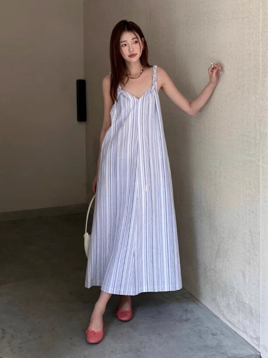 

Летнее повседневное женское платье с V-образным вырезом Rouje Kefss, с перекрученными полосатыми бретелями, длинная юбка, повседневное шикарное макси-платье для женщин больших размеров