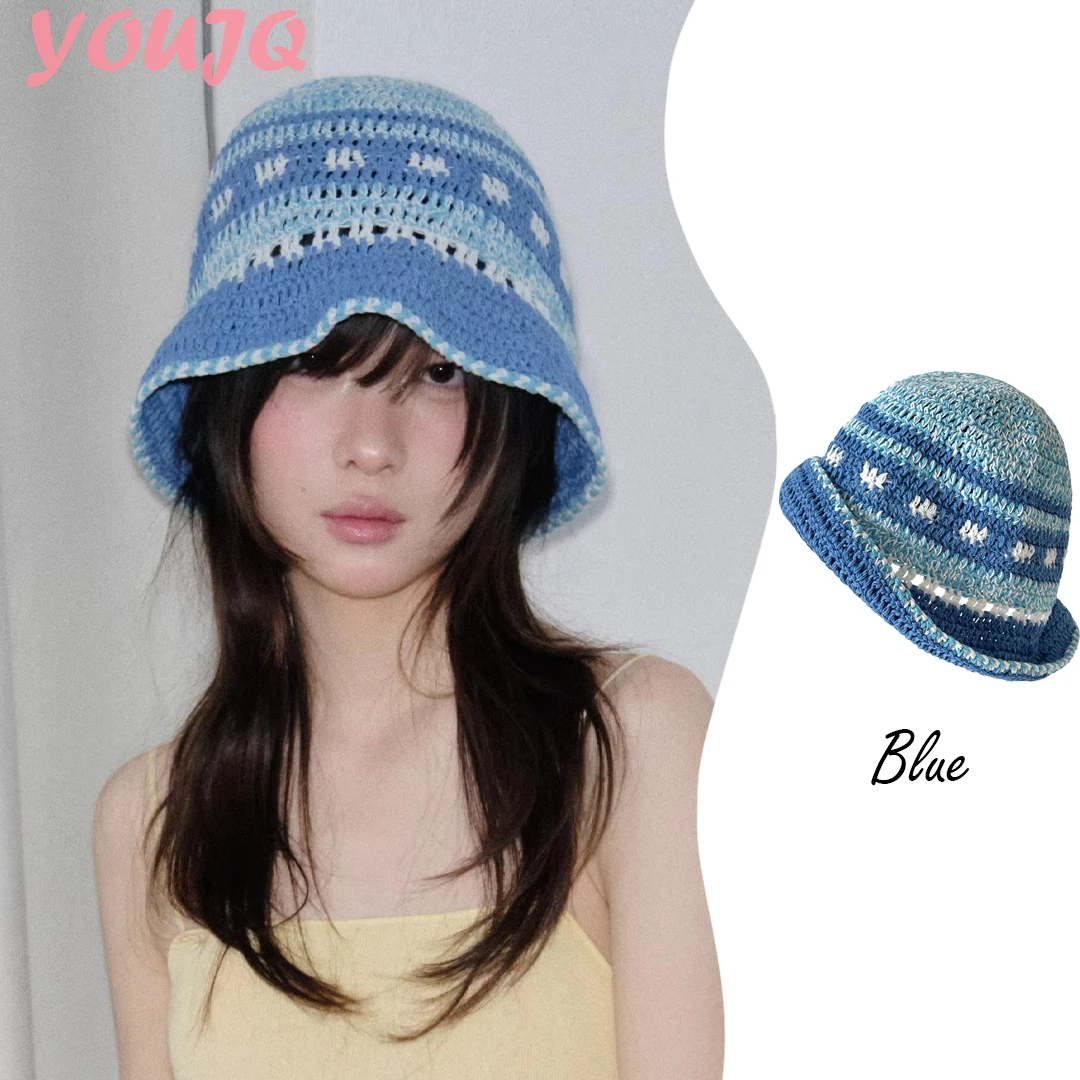 手作りの純綿ブルーフィッシャーマンハット女性用新しい春-夏スタイル多用途日焼け防止＆小顔効果のあるバケットキャップ