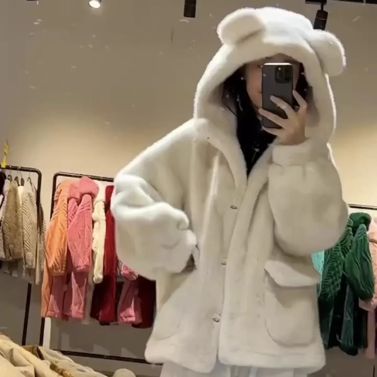Winter Bear Ears New Gold Mink Fleece Environmentally Friendly Fluffy Medium and Long Hooded Jacket