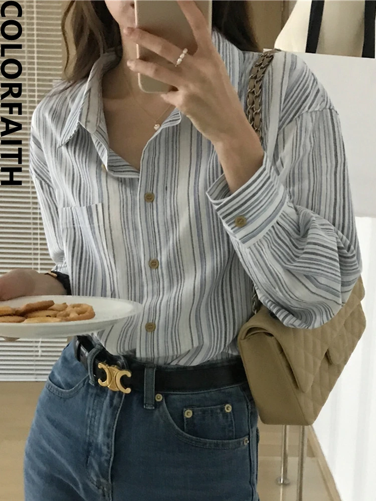 Colorfaith BL9736 New 2023  Lady Shirts Striped Vintage Korean Fashion Elegant Women Spring Summer Office Blouses Chic Wild Tops