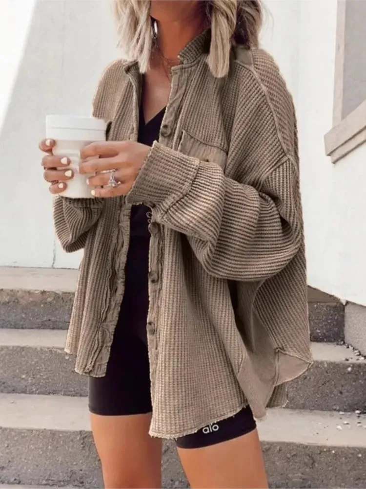 

Casual Solid Jacket Coat Lady Fashion Long Sleeve Turn-down Collar Button Coats Tops For Women Streetwear Vintage Clothes Autumn