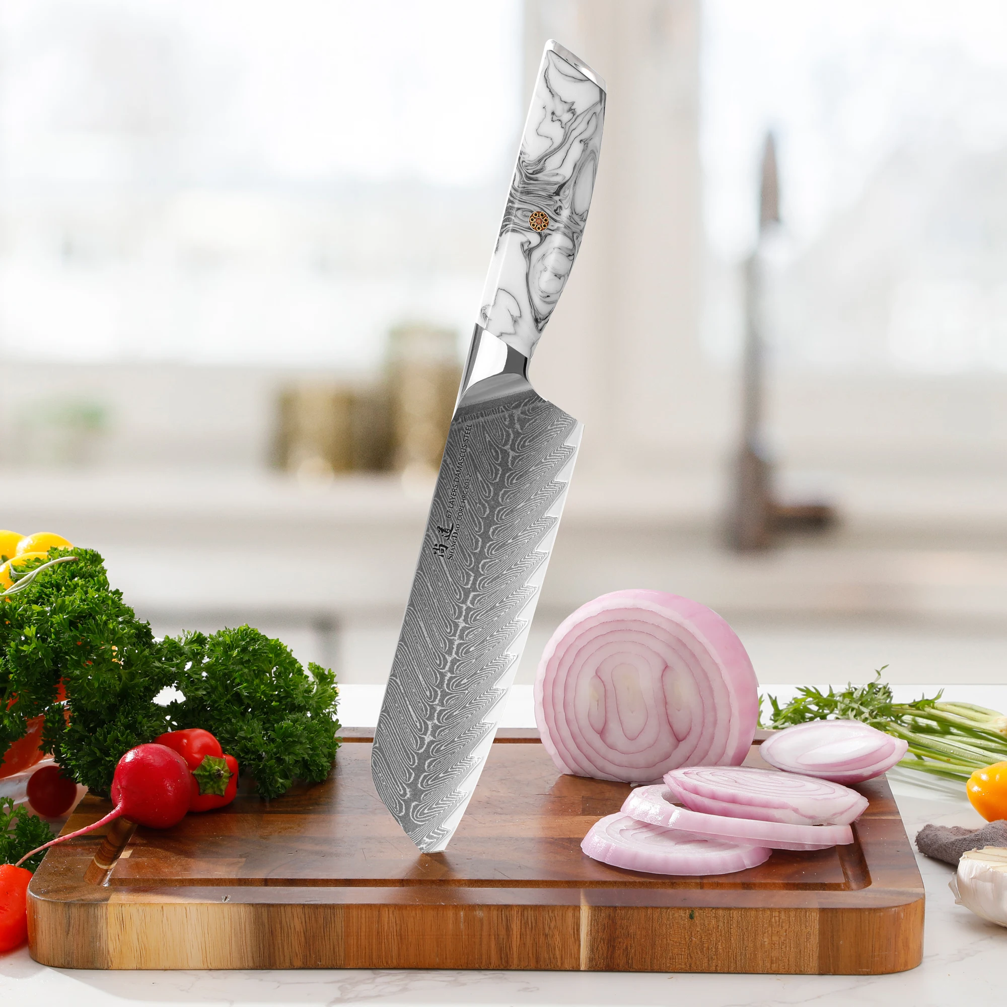 SHANGDAO High Quality Kitchen Santoku Knife, 7 Inch Damascus Forged Kitchen Knife, Professional Cleaver Knife with Resin Handle