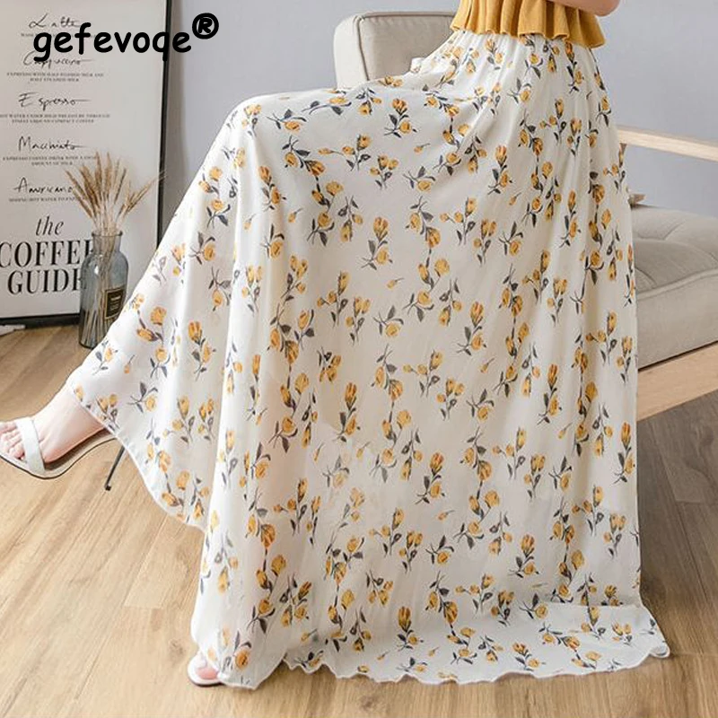 

Women's Clothing 2023 New Fashion Print High Waist Elegant Long Skirt Summer Pleated Sweet Fairy Large Swing Maxi Skirts Faldas