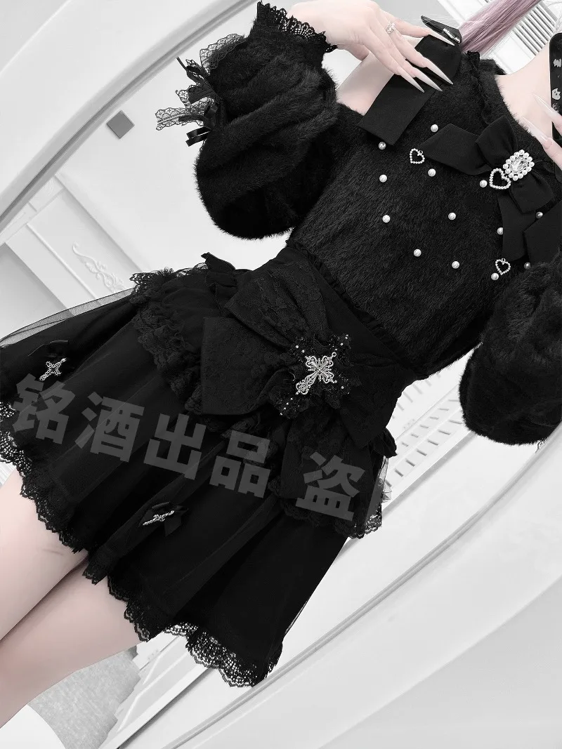 Y2K 서브컬쳐 레이스 로리타 스타일 신상 가을 겨울 블랙 워터컬러 숏 스웨터 재킷 하이웨이스트 스커트 투피스 세트 여성용