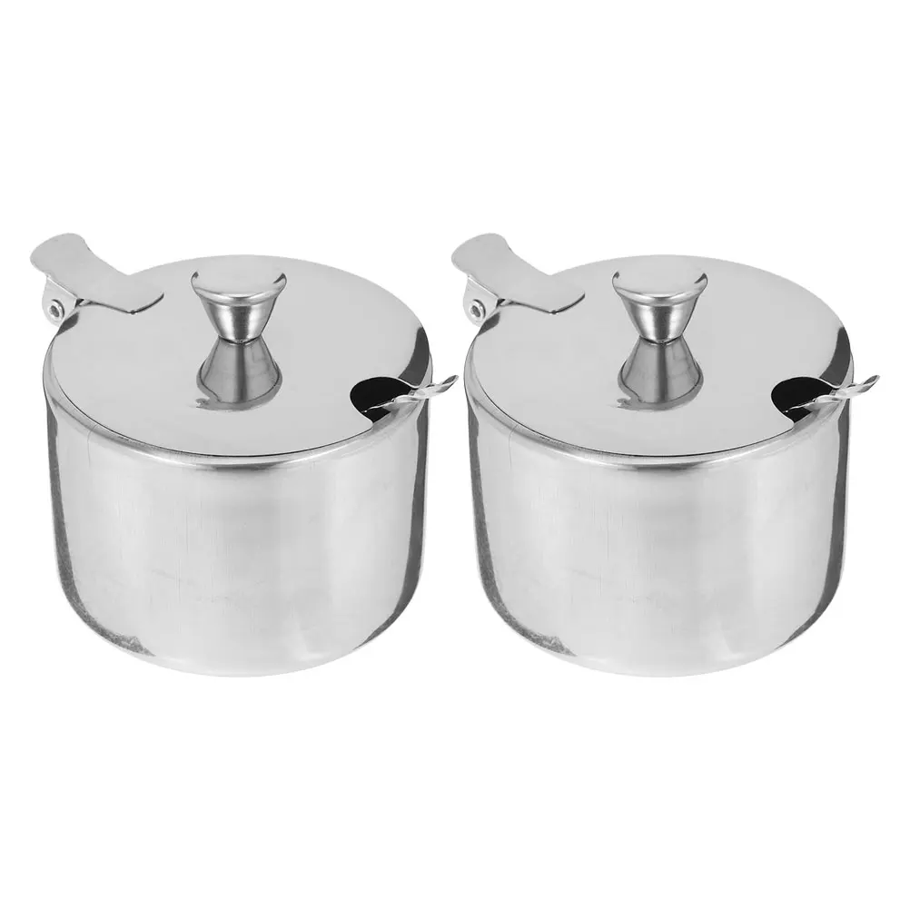 

2 Sets Stainless Steel Sugar Bowl Salt Spice Container Airtight Condiment Jars Kitchen Canisters Round Shape Storage