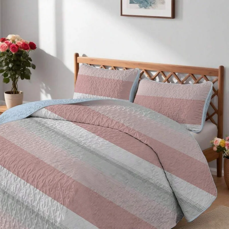 2/3pcs Pink Striped Print Quilt Set(1 Quilt + 1/2 Pillowcases), 100% Polyester Machine Washable Bedspread