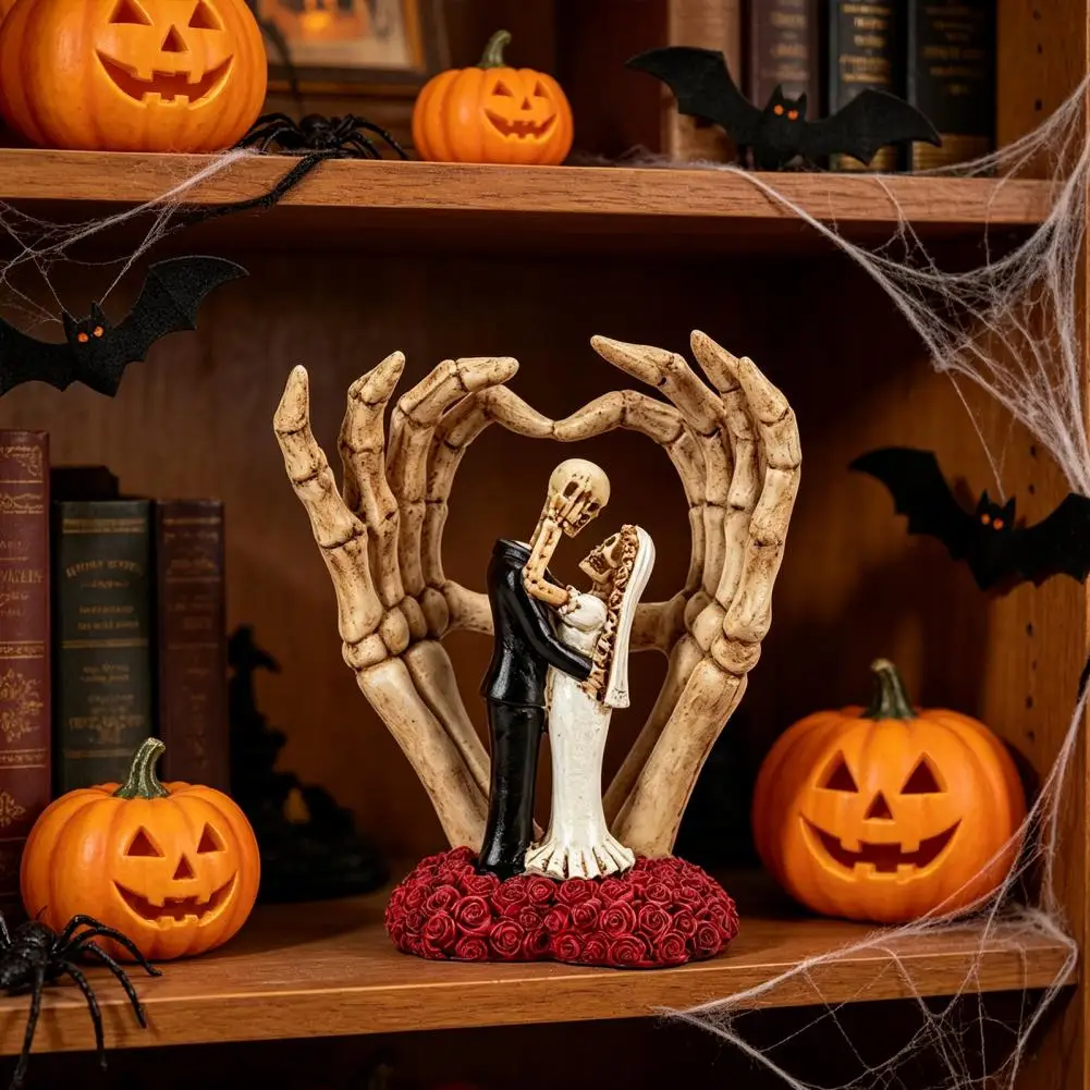 Skull Wedding Ornament Skeleton Couple Figurines with Rose Base Skull Wedding Decor Durable Resin Hand Ornaments for Halloween
