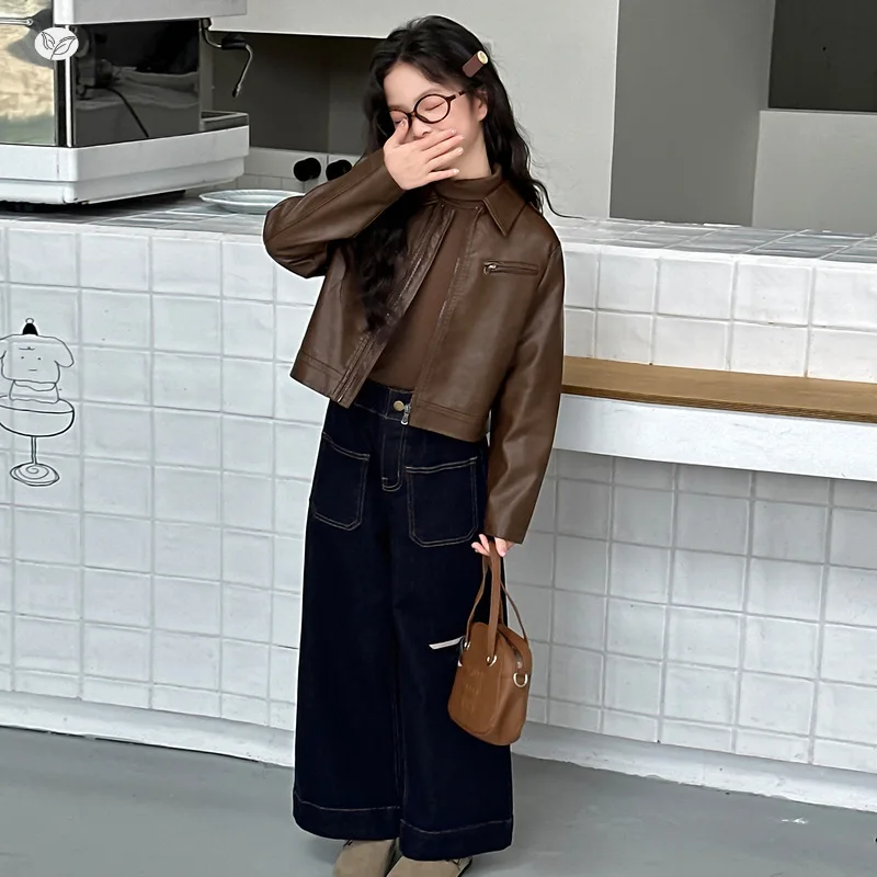 

Кожаная одежда, верхнее пальто на молнии с коротким воротником для девочек, детское осеннее пальто с длинными рукавами в Корейском стиле, повседневное, универсальное