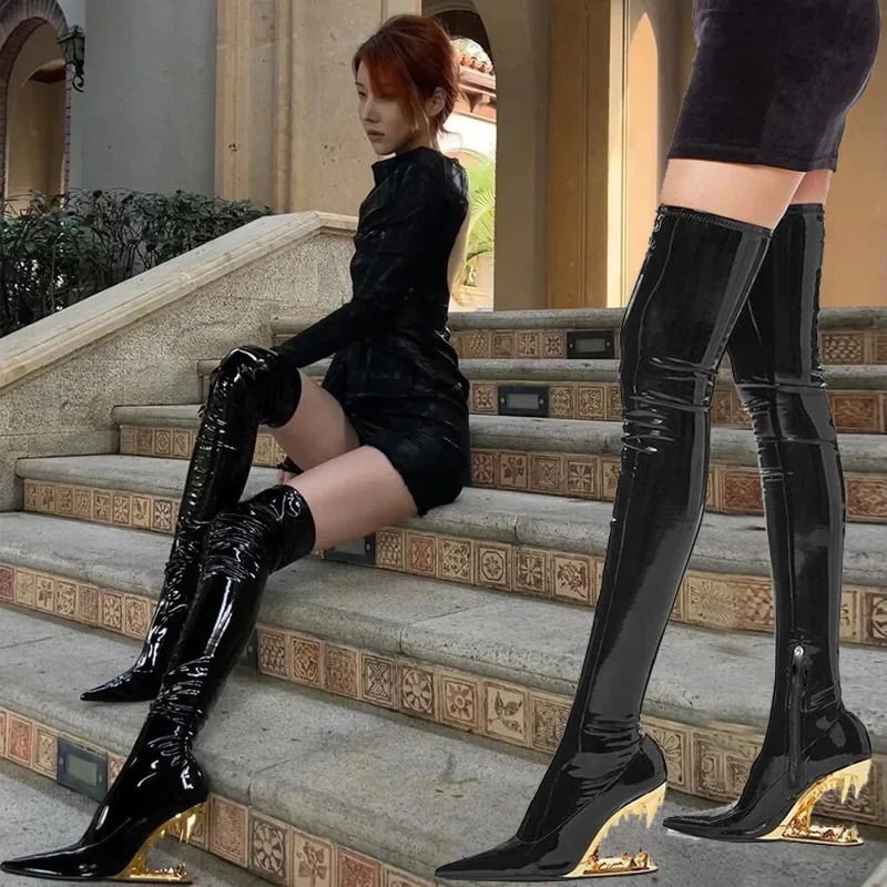 Sexy Pointed Tooth Side Zipper Boots Bright Leather Elastic Over-The-Knee Botines Large-Size Catwalk Performance Stage Botas