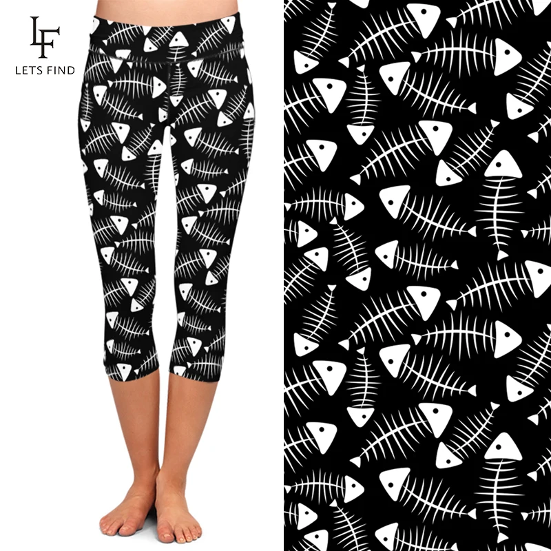 LETSFIND New Arrival High Elastic Capri Leggings 3D Fishbone Print High Waist  Mid-Calf 3/4 Stretch Women Leggings