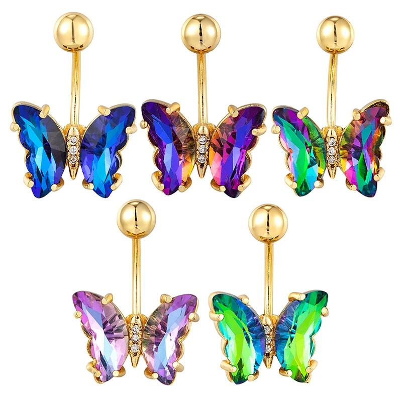 Colorful Crystal Butterfly Navel Ring Surgical Steel Belly Button Piercing Rings Woman Fashion Body Jewelry