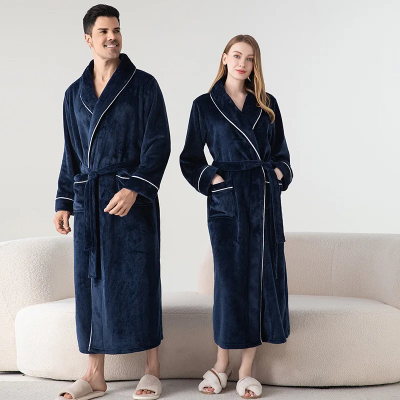 Oversize 3XL Winter Flannel Long Couple Robe Sleepwear Thick Warm Coral Fleece Bathrobe Gown Nightwear Loose Homewear Loungewear