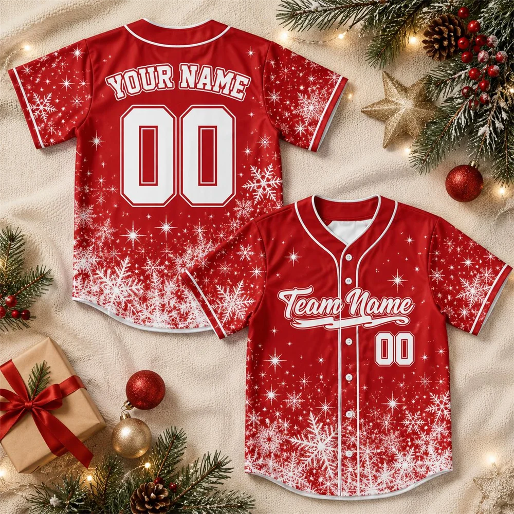 3D Print Snowflake Graphic Christmas Baseball Jersey For Men Women Custom Number Name Baseball Shirt Holiday Family Xmas Gift