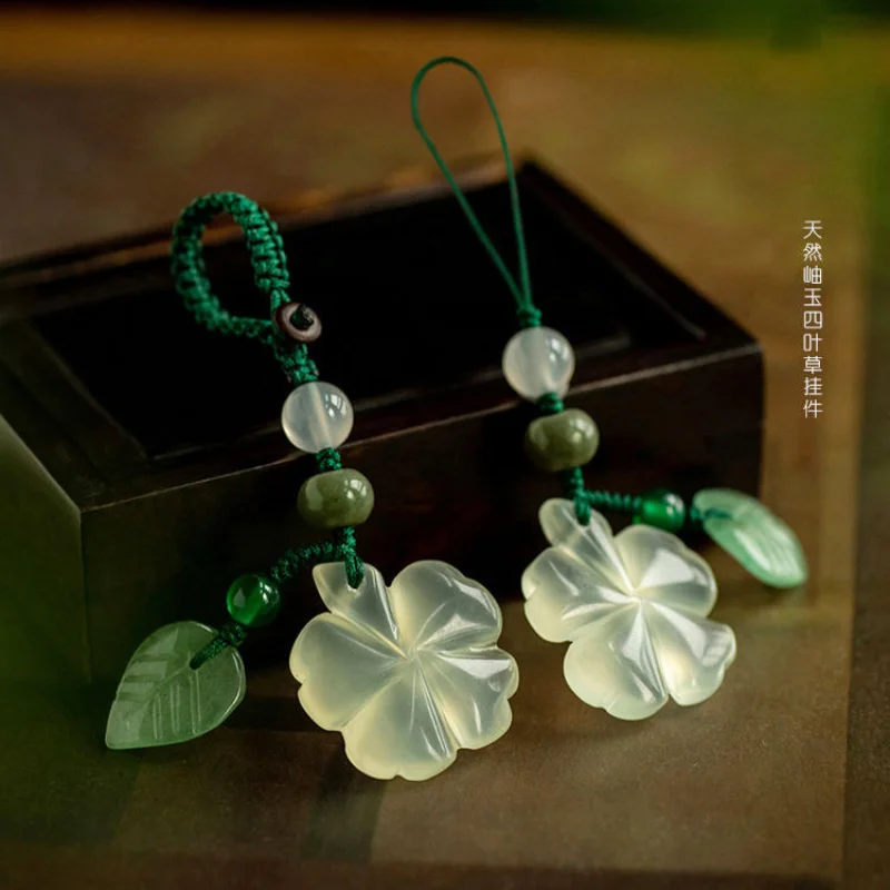 2pc Ivory Imitation Four-leaf Clover Keychain Pendant, Clear Lucky Grass Mobile Phone Chain Pendant, Backpack Pendant