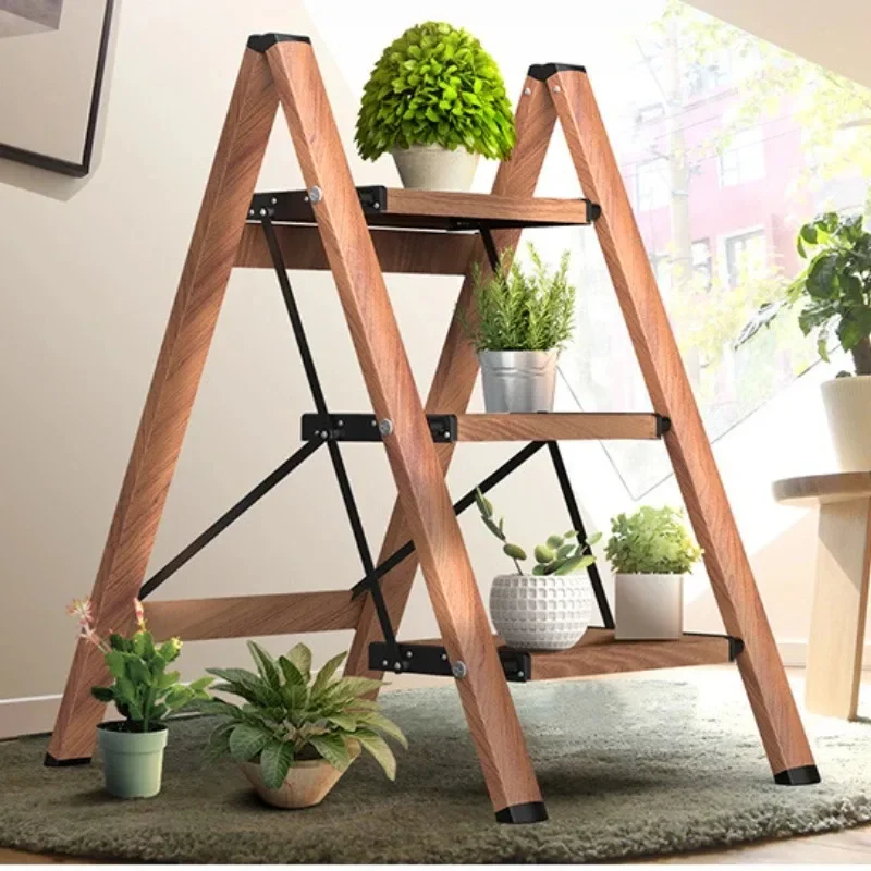 Multi-functional Folding Ladder Wood Grain Flower Frame Three or Four Step Ladder Bench Aluminum Alloy Thickened Ladder