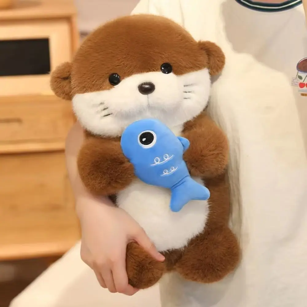

Kawaii Series Ornaments Fluffy Otter Soft Collection Holding Fish Otter Cartoon 35cm Stuffed Otter Pillow Children Girls Boys