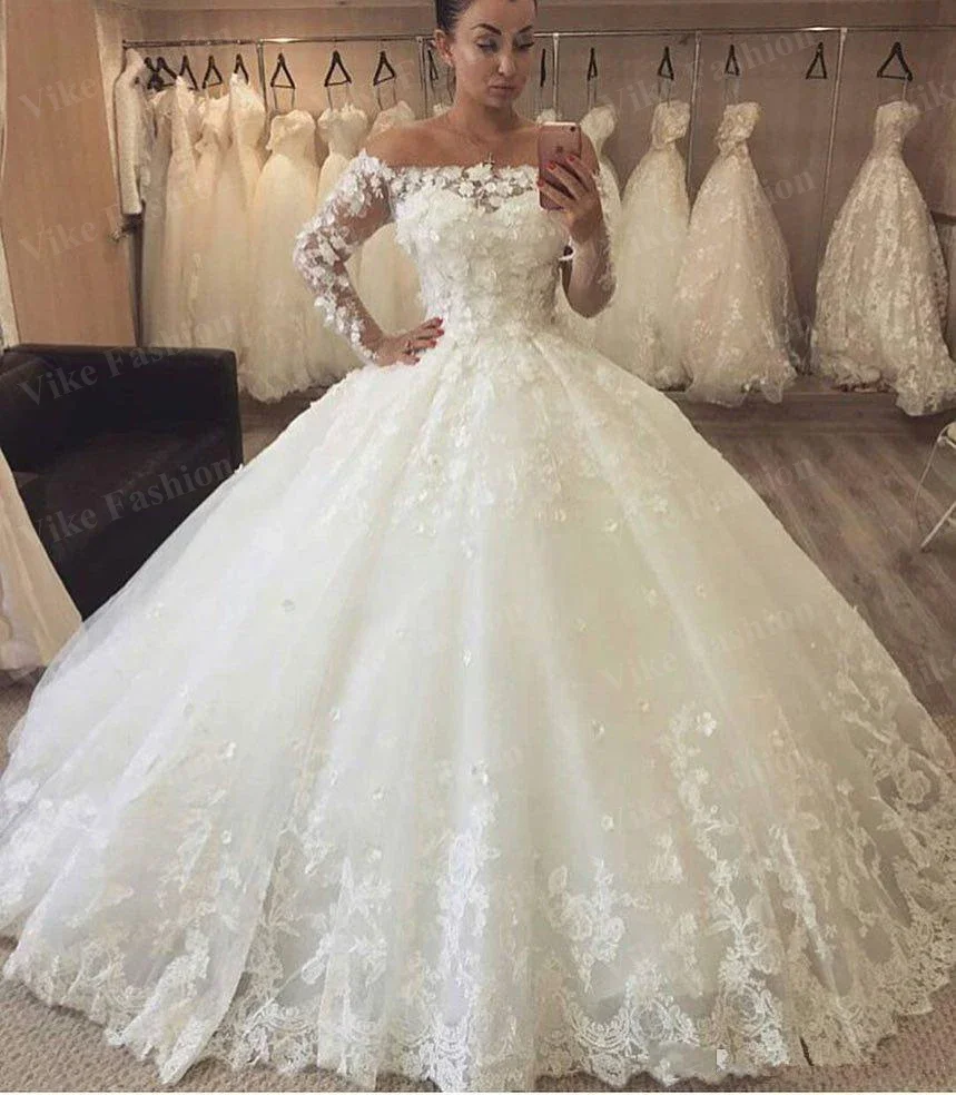 Customized Puffy Off Shoulder Wedding Dresses 3D Flower Lace Applique Long Sleeves Sweep Arabic Ball Gown Formal Bridal Dress