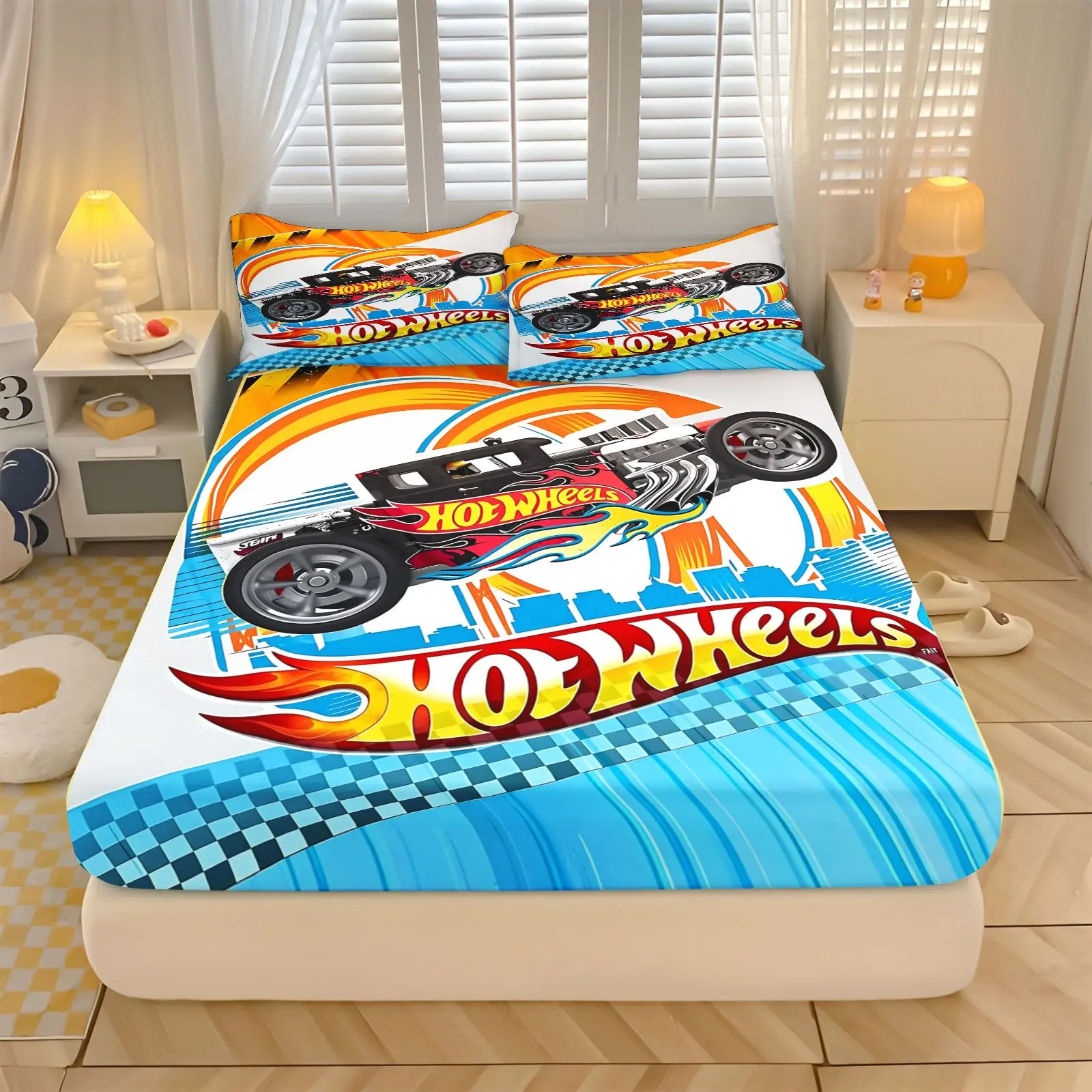 Hot Wheels Racing Car Bedding Set Fitted Sheet Set Cool Flame Race Car Print Elastic Mattress Cover  Boys Bedroom Pillowcases
