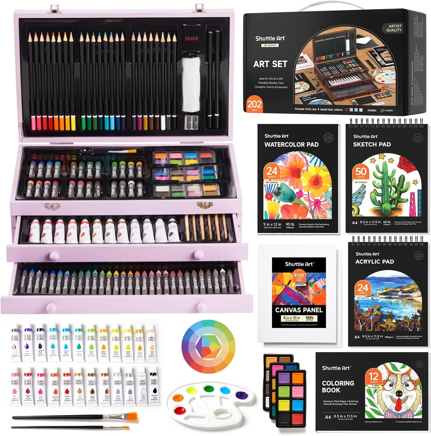 

202-Piece Wooden Art Supplies Set with Drawing Pads, Acrylic Paint, Crayons & More for Kids - Creative Gift Kit