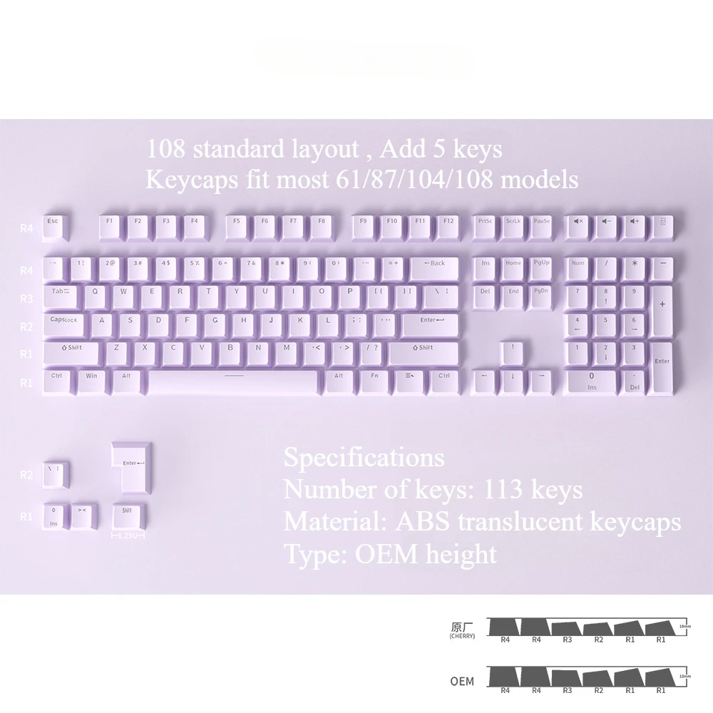 Keyboard Keycaps 113 Keys Caps ABS Translucent OEM Profile Keycap Keyboard Accessories for Office Home