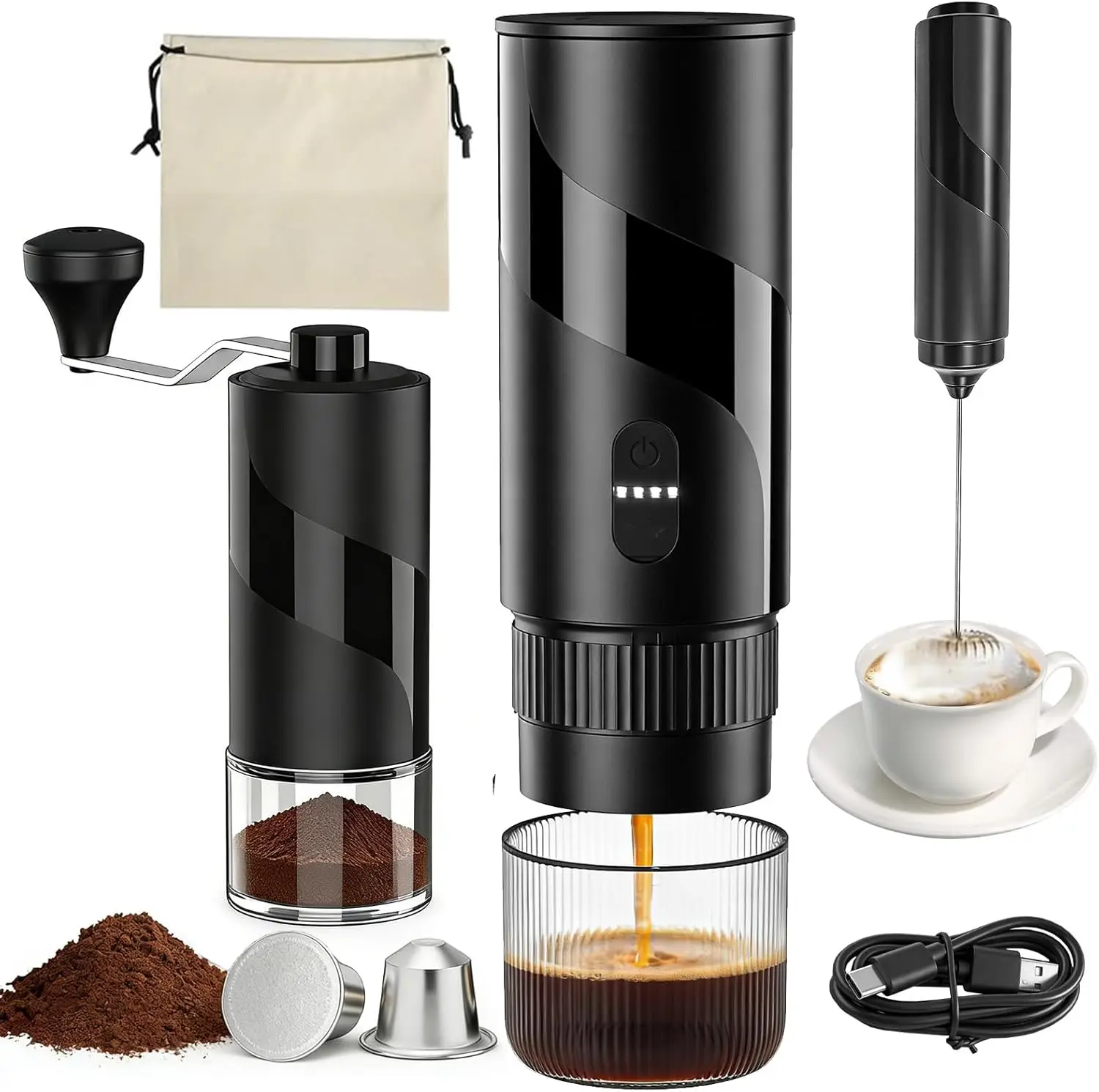 Electric Espresso Machine for Camping, Travel, Car, RV, Hiking - Portable Coffee Maker Set with Milk Frother, Grinder, Ground Co