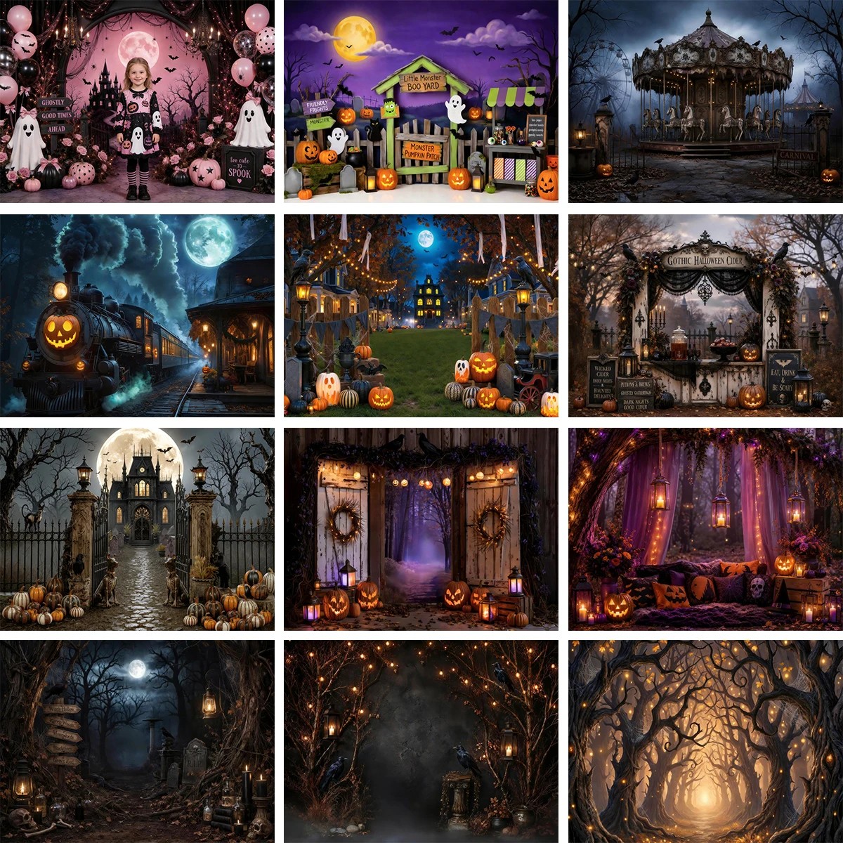 Retro Dark Spooky Halloween Aged Castle Pumpkin Crow Train Photo Backdrop For Cute Kids Baby Newborn Decor