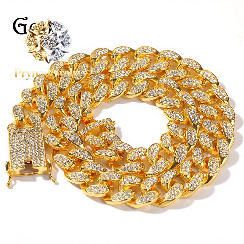 Pryna Jewelry   Luxury 24K 9999 Pure Gold real gold 20mm Full Diamond Men's Miami Cuban Chain Necklace bracelet