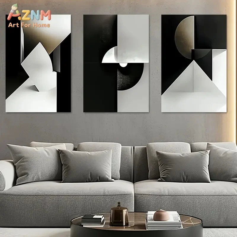 3PCS Modern Abstract Black White 3D Geometric Shapes Canvas Wall Art Prints Minimalist Monochrome Geometry Unframed Canvas Paint