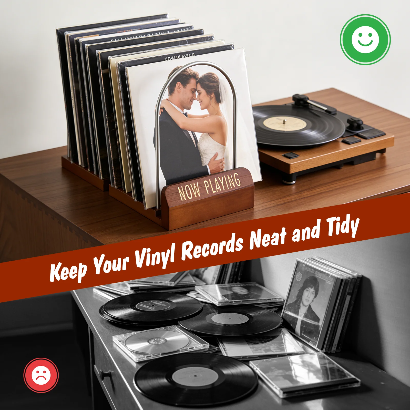 Soporte para guardar discos de vinilo, estante expandible para 30-70 discos LP, expositor para álbumes, soporte de madera y metal resistente para decorar el hogar y para los amantes de la música.