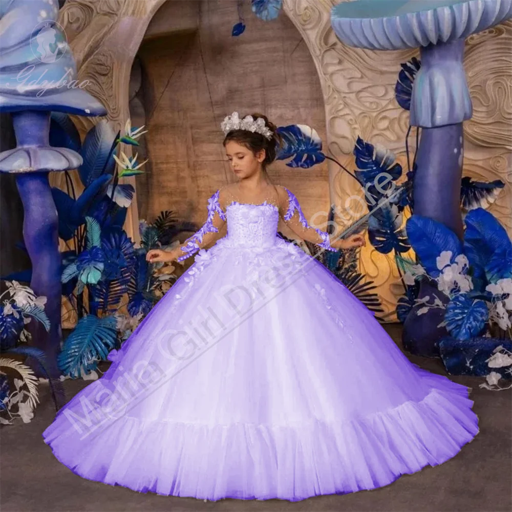 白ふわふわエレガントなフラワーガールドレス結婚式花レースアップリケ女の子の誕生日ドレス写真撮影用カスタマイズ