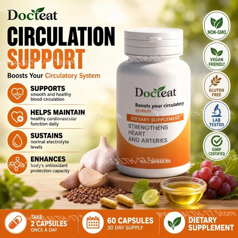 Circulation Support Capsules with Garlic Extract Grape Seed Extract & Resveratrol for Daily Cardiovascular Nutrition 60 Capsules