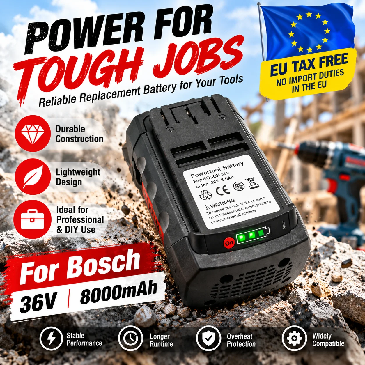 36V Akku für Bosch BAT810 BAT840 8.0AH Wiederaufladbarer Lithium-Ionen-Ersatzakku D-70771 BAT836 BAT818 2607336003