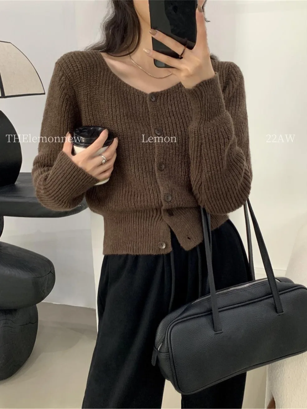 Autumn and Winter 2024 New Square Collar Short Solid Sweater Cardigan Knitted Outerwear Slim fit Waist Hugging Casual Top