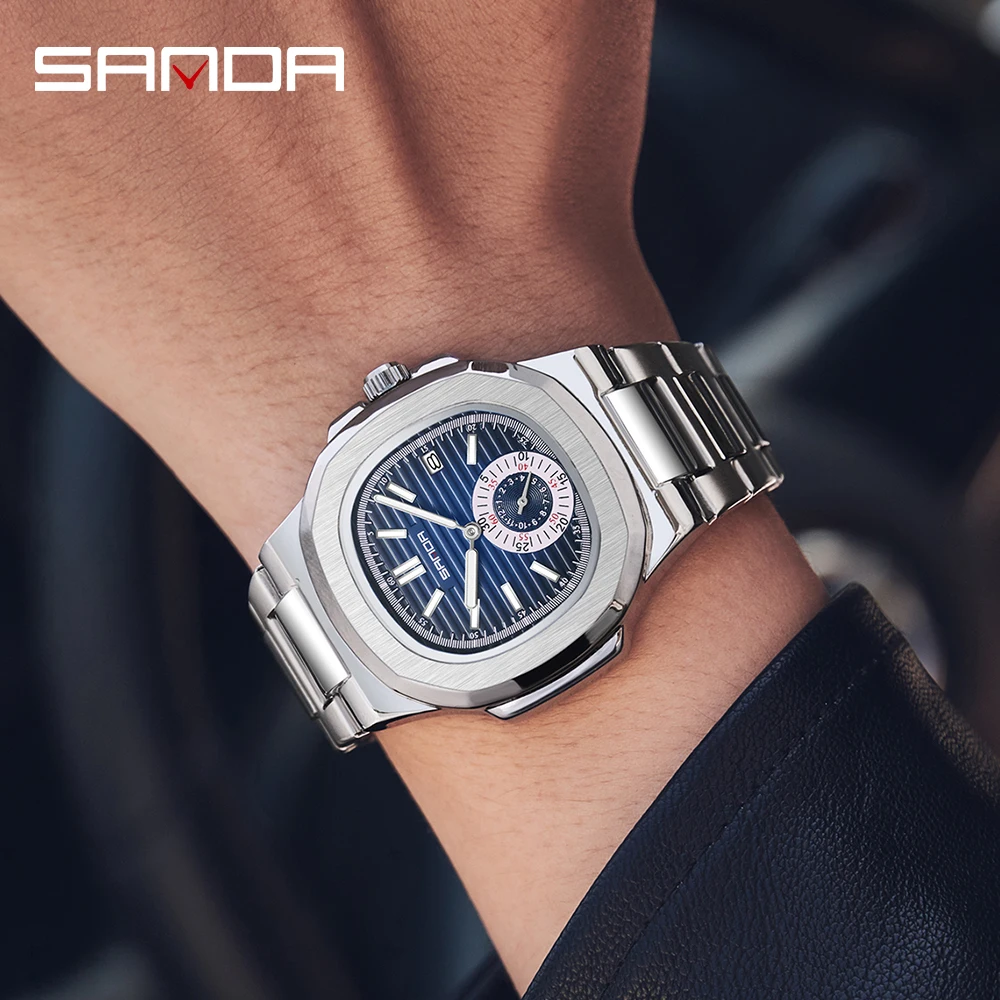 SANDA 7020 Fashion Quartz Wristwatch Date Waterproof Octagonal Dial  Simple Relief Pattern Design Noctilucent Men\'s Watch