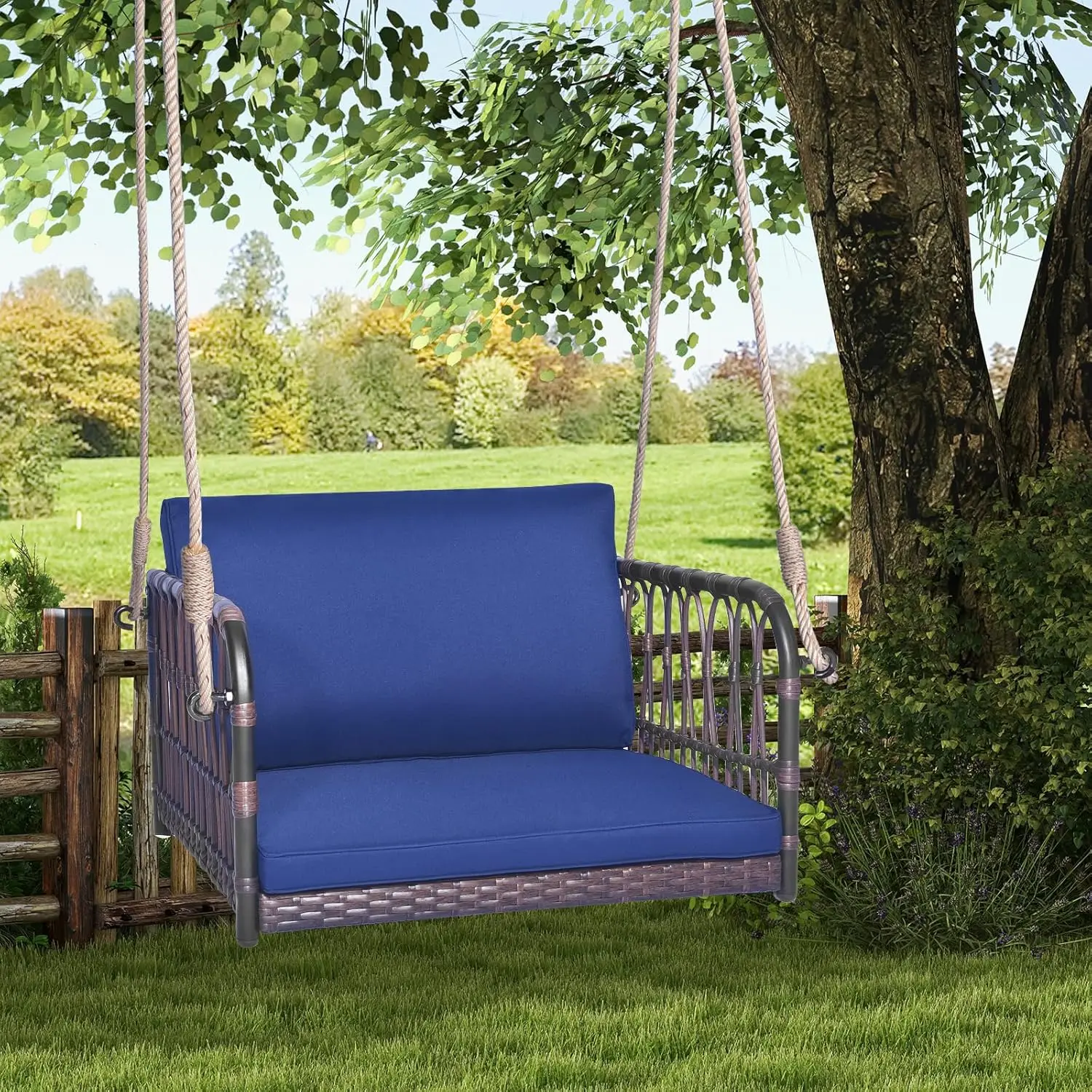 

Patio Rattan Porch Swing, Single Person Hanging Seat with Seat & Back Cushions, Heavy-Duty Metal Frame & 2 Sturdy, Customized
