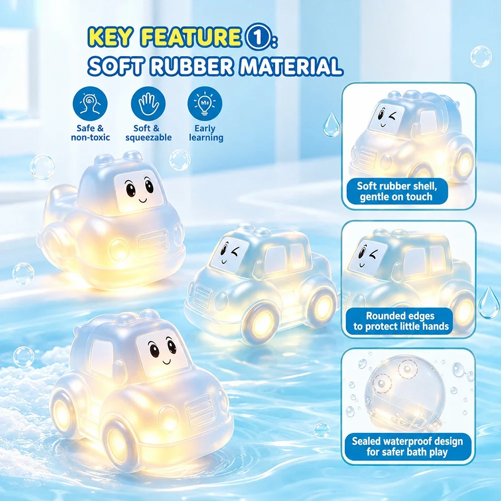 1/6pcs LED Light Up Floating Car Bath Toy, Soft Vinyl Sensory Water Play Toy for Bathtub Pool, Toddler Boys Girls 3-5 Years Gift