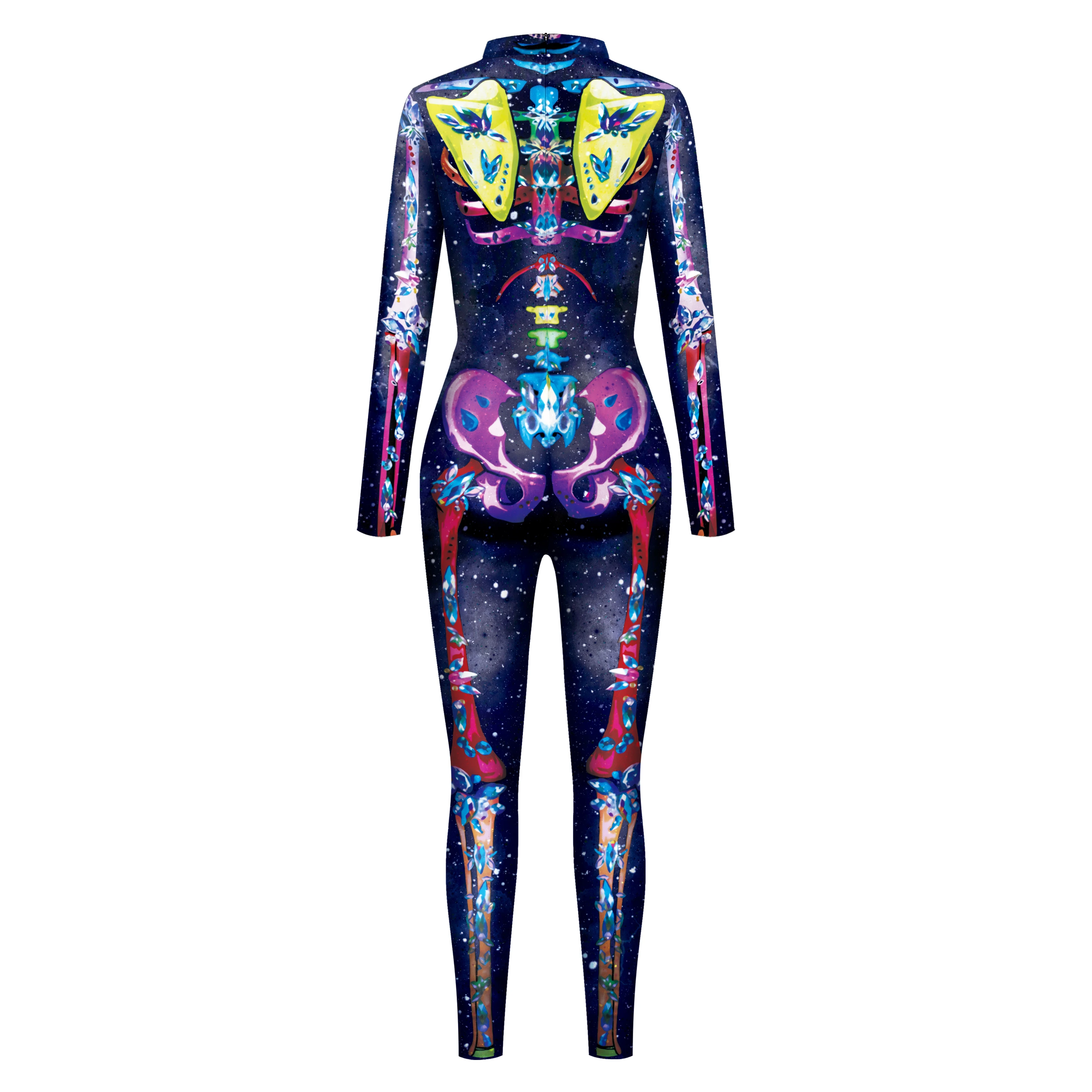 IOOTIANY Horror Lila Totenkopf-Druck Bodysuit Day of the Dead Halloween Feiertags-Spielset Erwachsenen-Jumpsuit Karneval Cosplay Zentai Kostüm – Detail 9