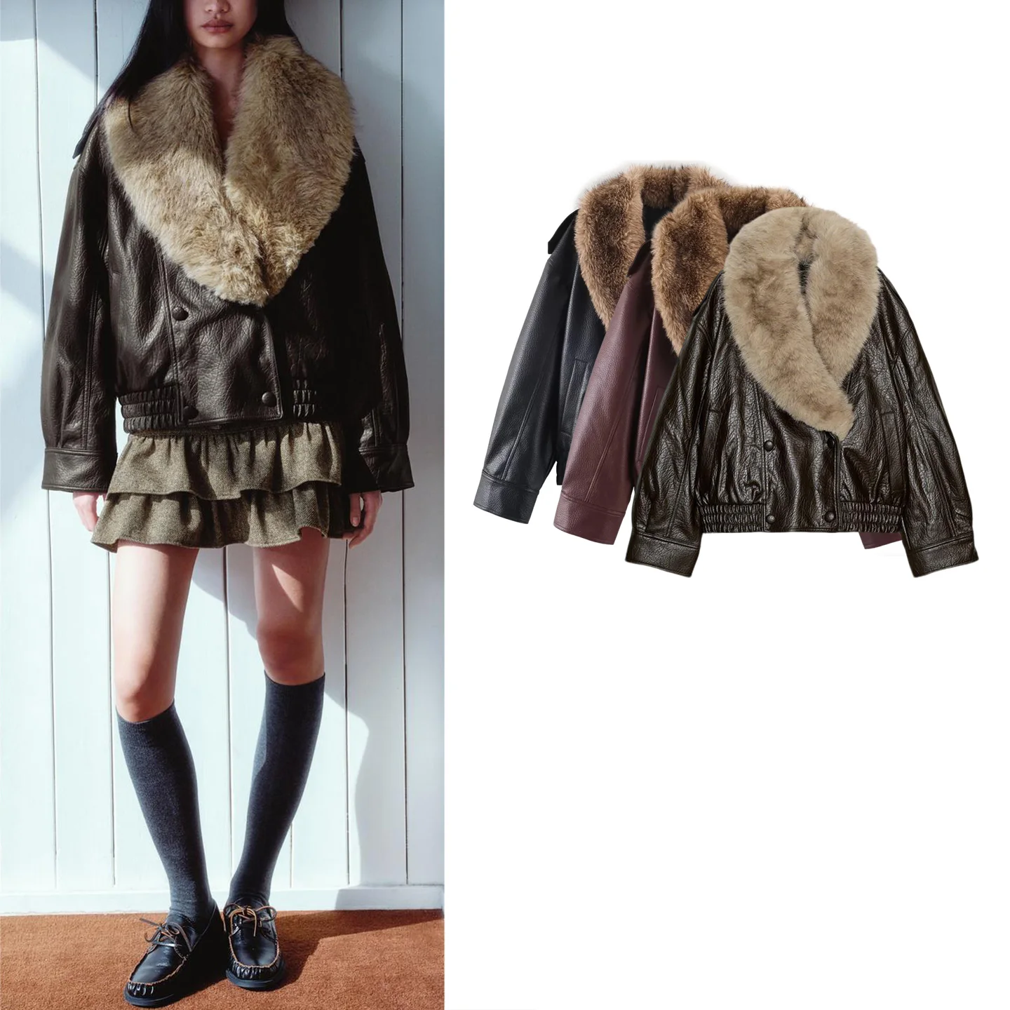 Inverno novo feminino couro do plutônio jaet longo sve gola destacável casaco solto ajuste europeu sle fibra de poliéster v-ne botão