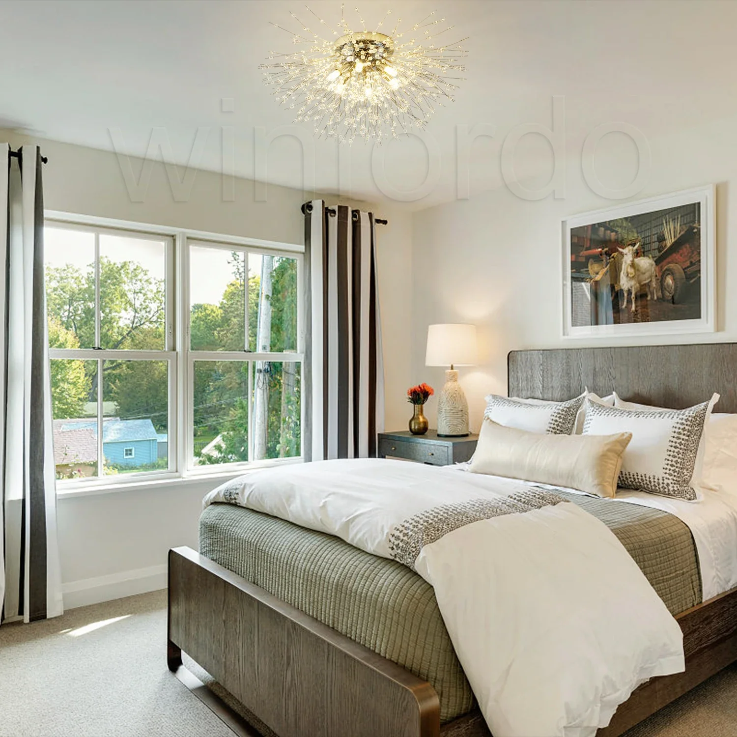 Winfordo Modern Crystal Flush Mount Ceiling Light Fixture 6-Light Ceiling Lamp for Bedroom Kitchen Hallway Entryway